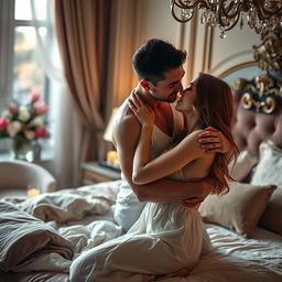 A passionate and intimate scene depicting two adults exploring their romantic connection in a luxurious bedroom setting, featuring soft lighting and rich textures