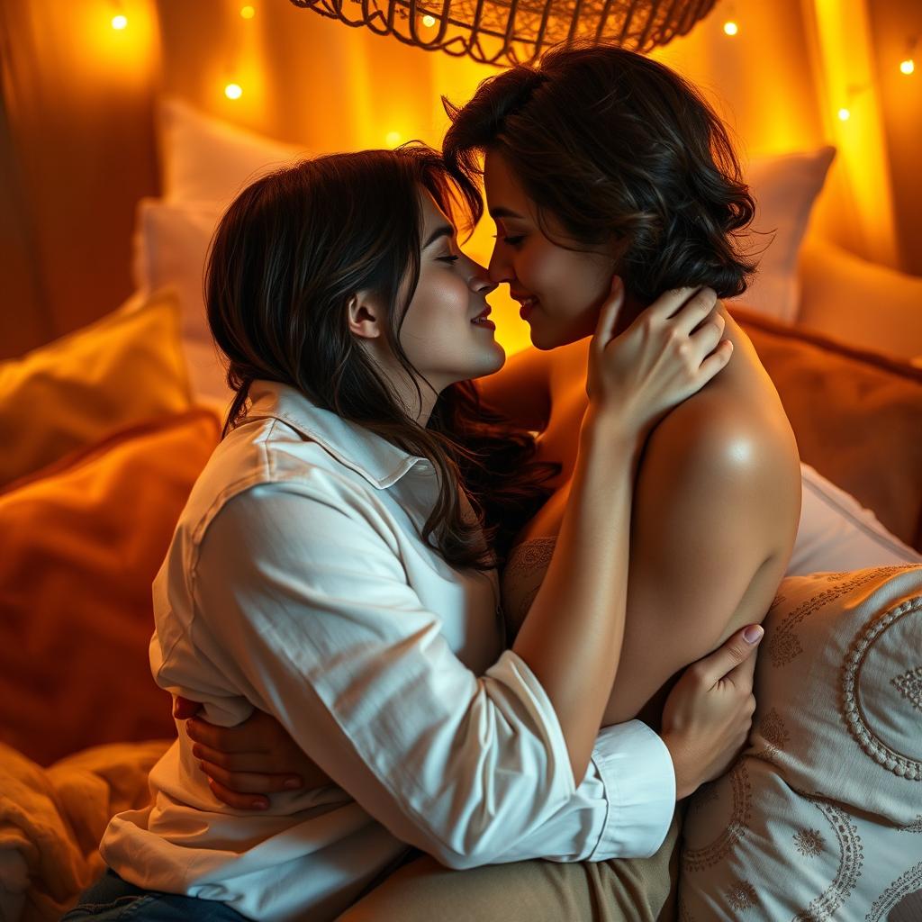 A sensual and romantic scene depicting an intimate moment between a couple in a beautifully lit room with warm tones