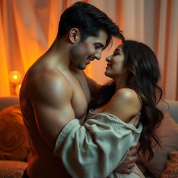 A sensual and romantic scene depicting an intimate moment between a couple in a beautifully lit room with warm tones