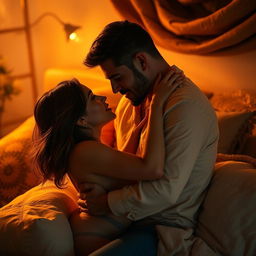 A sensual and romantic scene depicting an intimate moment between a couple in a beautifully lit room with warm tones