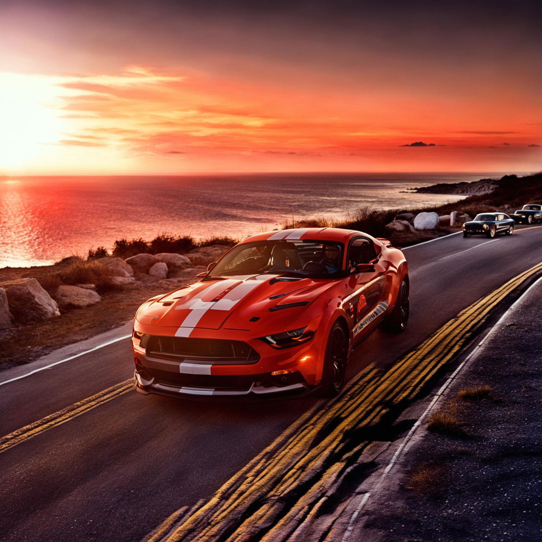 A patriotic Mustang driving through seaside hills at sunset in a Yousuf Karsh-style photograph.