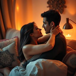 A sensual and romantic scene depicting an intimate moment between a couple in a beautifully lit room with warm tones