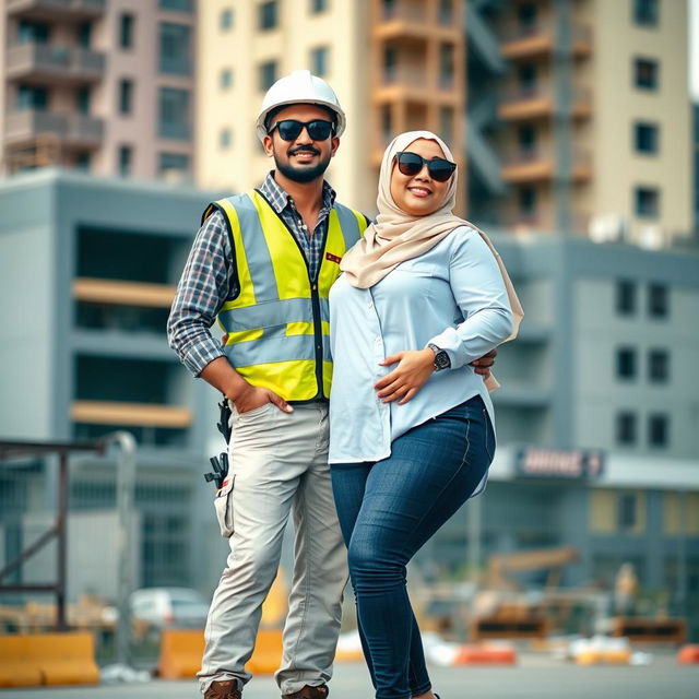 A scene featuring a slim man wearing black sunglasses in a complete construction uniform, including a safety vest, helmet, and safety shoes