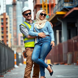 A scene featuring a slim man wearing black sunglasses in a complete construction uniform, including a safety vest, helmet, and safety shoes