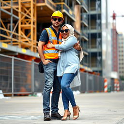 A scene featuring a slim man wearing black sunglasses in a complete construction uniform, including a safety vest, helmet, and safety shoes