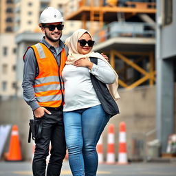 A scene featuring a slim man wearing black sunglasses in a complete construction uniform, including a safety vest, helmet, and safety shoes