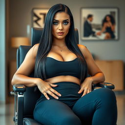 A 27-year-old Brazilian female boss sitting in an office chair