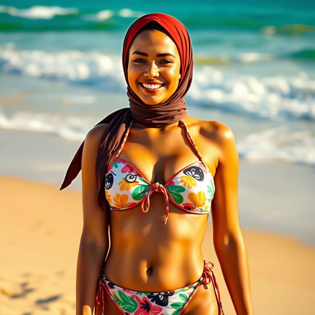 A stylish woman wearing a fashionable two-piece bikini, designed to be modest yet trendy, complemented by a stylish hijab