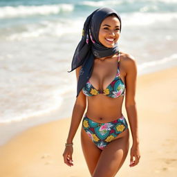 A stylish woman wearing a fashionable two-piece bikini, designed to be modest yet trendy, complemented by a stylish hijab