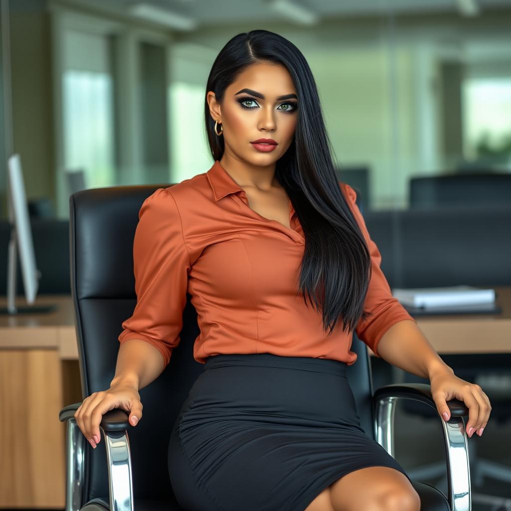 A 30-year-old Brazilian female boss sitting in an office chair