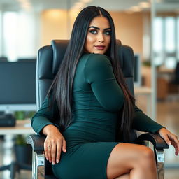 A 30-year-old Brazilian female boss sitting in an office chair