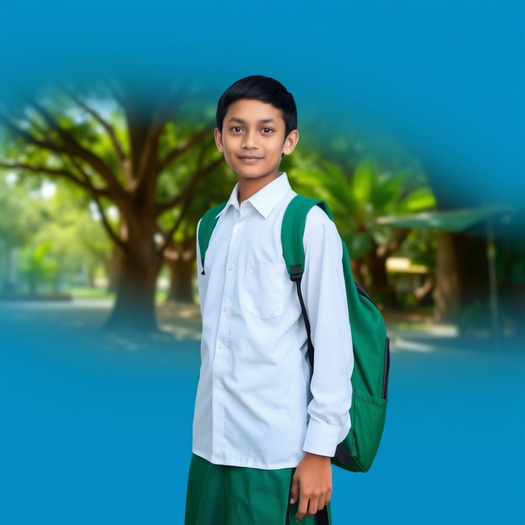 A calm blue background featuring a natural environment with trees and greenery, showcasing a Myanmar school boy