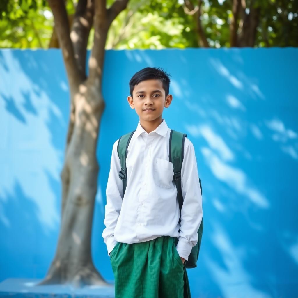 A calm blue background featuring a natural environment with trees and greenery, showcasing a Myanmar school boy