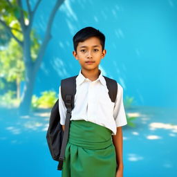 A calm blue background featuring a natural environment with trees and greenery, showcasing a Myanmar school boy