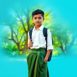 A calm blue background featuring a natural environment with trees and greenery, showcasing a Myanmar school boy