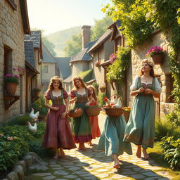 A picturesque medieval village bustling with activity, inhabited by beautiful peasant women, all walking barefoot