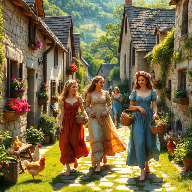 A picturesque medieval village bustling with activity, inhabited by beautiful peasant women, all walking barefoot