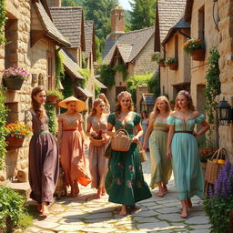 A picturesque medieval village bustling with activity, inhabited by beautiful peasant women, all walking barefoot