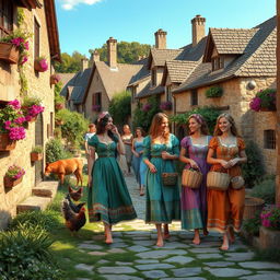 A picturesque medieval village bustling with activity, inhabited by beautiful peasant women, all walking barefoot