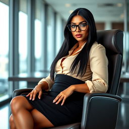 A commanding Brazilian female boss, aged 30, seated confidently in a sleek office chair