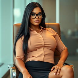 A commanding Brazilian female boss, aged 30, seated confidently in a sleek office chair