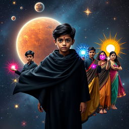 A 27-year-old Indian boy with entirely black eyes and no visible retinas, standing in the vastness of our solar system, showcasing multiversal dark magical powers