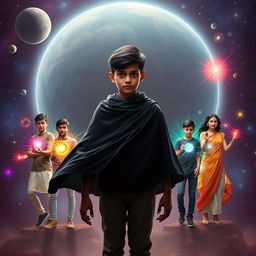 A 27-year-old Indian boy with entirely black eyes and no visible retinas, standing in the vastness of our solar system, showcasing multiversal dark magical powers