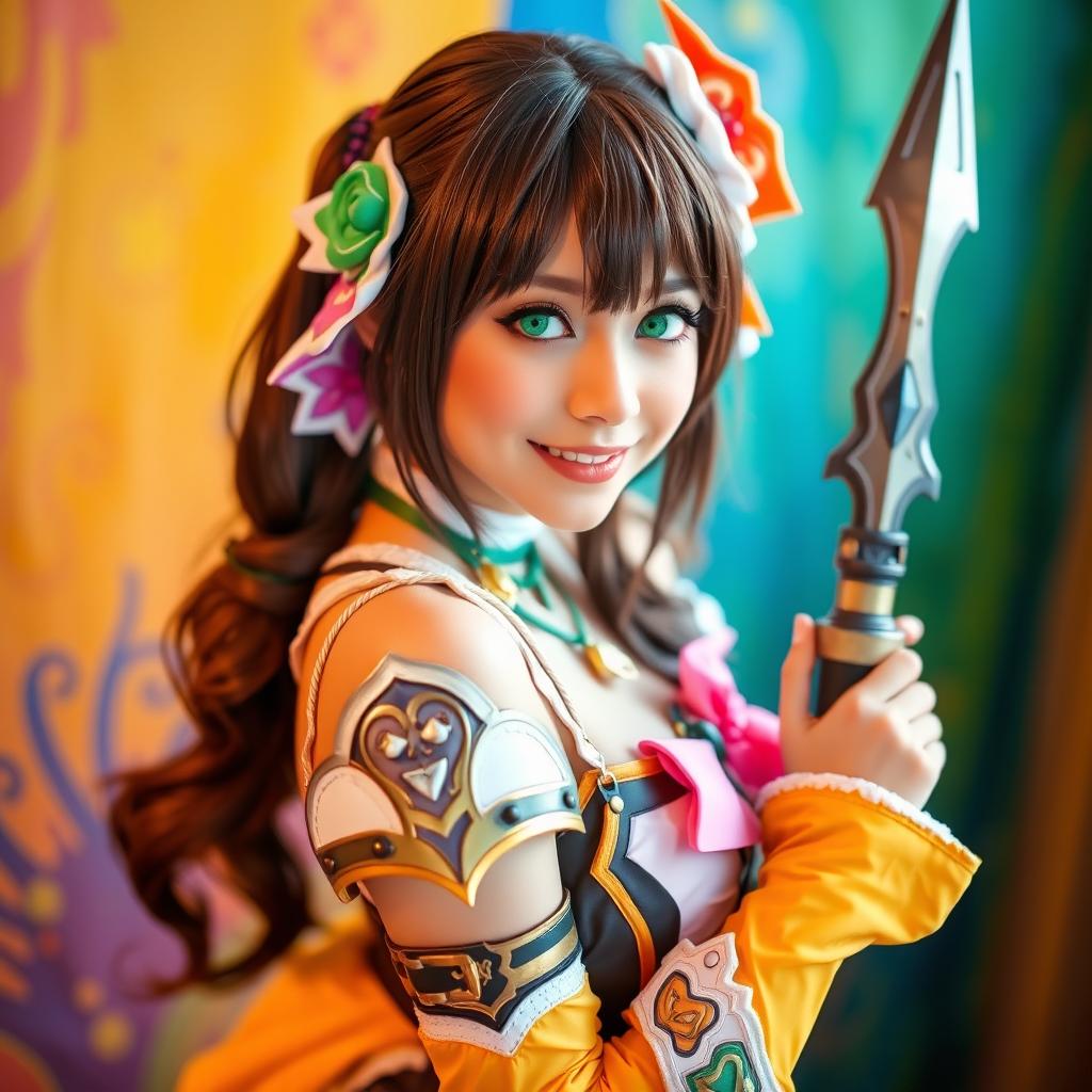 A stunning brunette waifu with vibrant green eyes, dressed in elaborate cosplay attire that showcases intricate details and vibrant colors