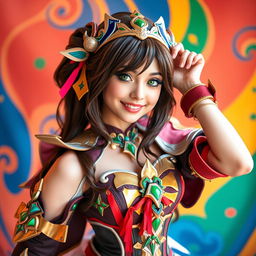 A stunning brunette waifu with vibrant green eyes, dressed in elaborate cosplay attire that showcases intricate details and vibrant colors