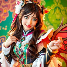 A stunning brunette waifu with vibrant green eyes, dressed in elaborate cosplay attire that showcases intricate details and vibrant colors