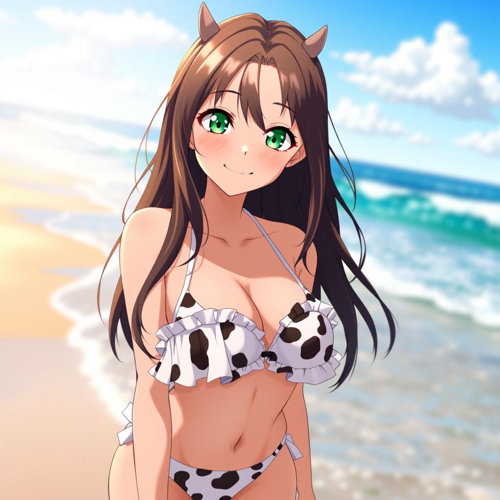 A captivating brunette waifu character with striking green eyes, wearing a playful cow-patterned bikini that accentuates her figure