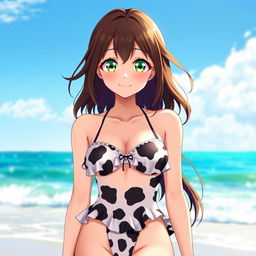 A captivating brunette waifu character with striking green eyes, wearing a playful cow-patterned bikini that accentuates her figure