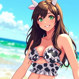 A captivating brunette waifu character with striking green eyes, wearing a playful cow-patterned bikini that accentuates her figure