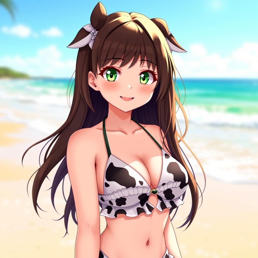 A captivating brunette waifu character with striking green eyes, wearing a playful cow-patterned bikini that accentuates her figure