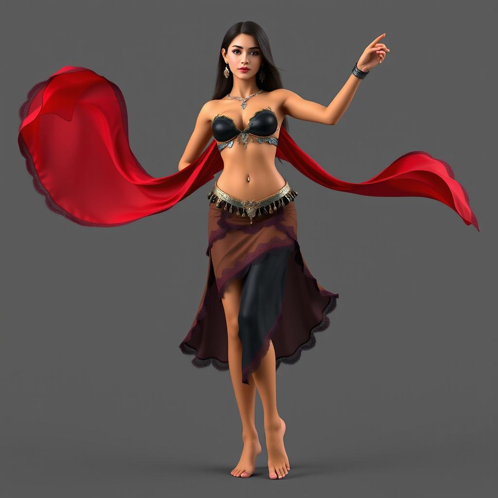 3D model of a belly dancer, featuring amber skin tone, wearing a glossy black bikini and a flowing long scarf that resembles a beautiful miniskirt