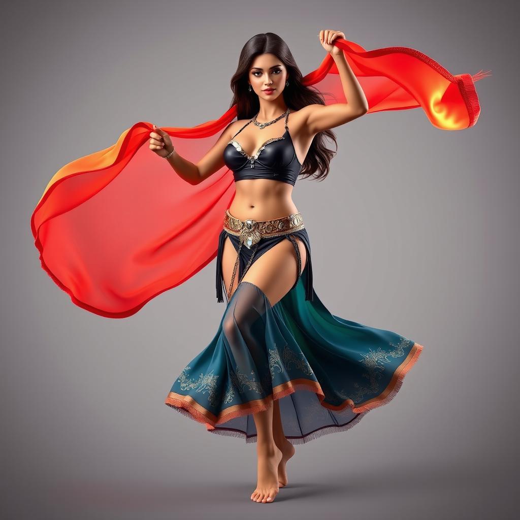 3D model of a belly dancer, featuring amber skin tone, wearing a glossy black bikini and a flowing long scarf that resembles a beautiful miniskirt
