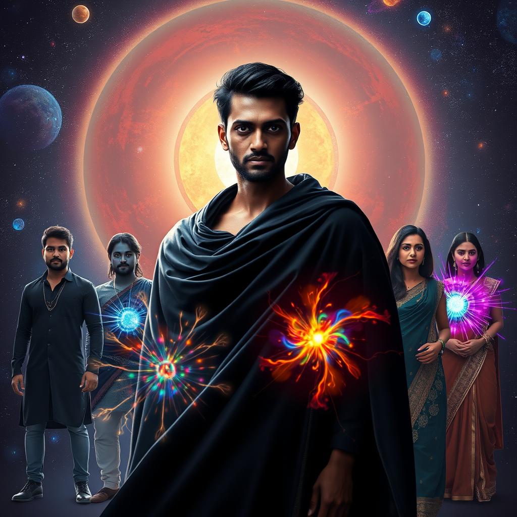 In a stunning cosmic scene set within our solar system, an Indian man, aged 27, stands confidently with an aura of multiversal dark magical powers