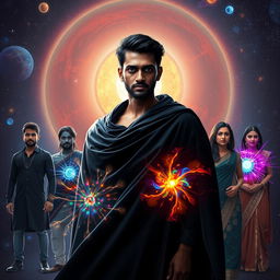 In a stunning cosmic scene set within our solar system, an Indian man, aged 27, stands confidently with an aura of multiversal dark magical powers