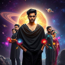 In a stunning cosmic scene set within our solar system, an Indian man, aged 27, stands confidently with an aura of multiversal dark magical powers