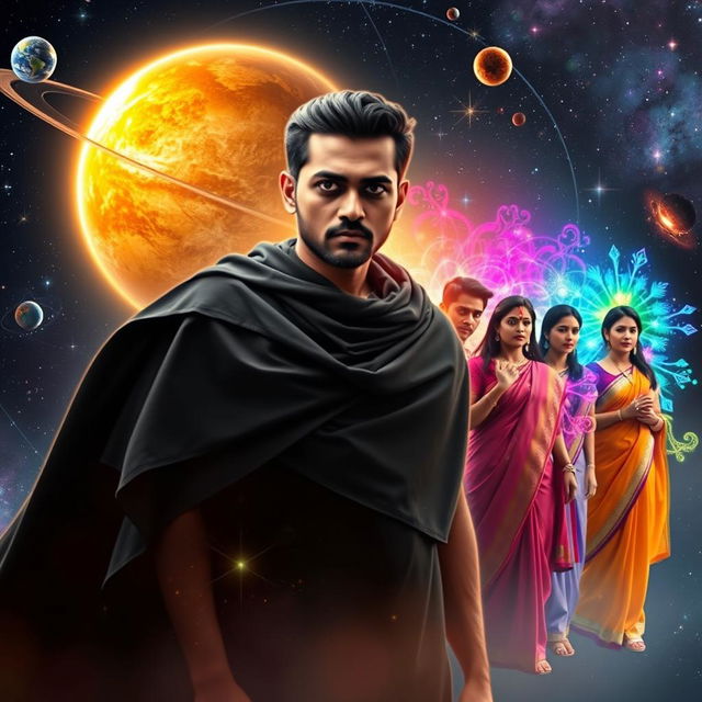 In a stunning cosmic scene set within our solar system, an Indian man, aged 27, stands confidently with an aura of multiversal dark magical powers