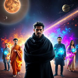 In a stunning cosmic scene set within our solar system, an Indian man, aged 27, stands confidently with an aura of multiversal dark magical powers