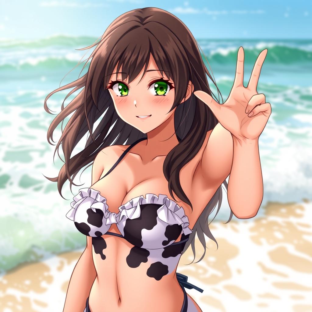 A seductive brunette waifu character with captivating green eyes, confidently posing in a playful cow-patterned bikini