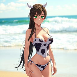 A seductive brunette waifu character with captivating green eyes, confidently posing in a playful cow-patterned bikini