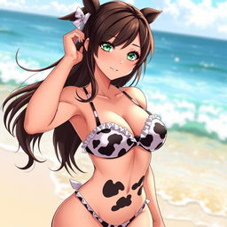 A seductive brunette waifu character with captivating green eyes, confidently posing in a playful cow-patterned bikini