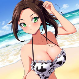 A seductive brunette waifu character with captivating green eyes, confidently posing in a playful cow-patterned bikini