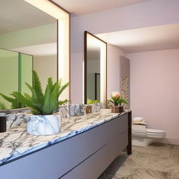 A modern bathroom redesign featuring sleek fixtures, marble countertops, and ambient lighting. Add a large mirror and plants for a refreshing touch.