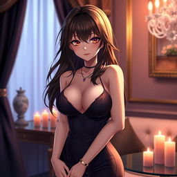 A sultry brunette waifu character with mesmerizing amber eyes, alluringly posed to capture attention