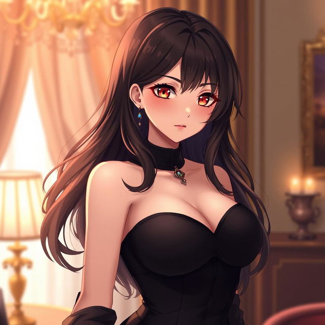 A sultry brunette waifu character with mesmerizing amber eyes, alluringly posed to capture attention