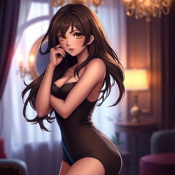 A sultry brunette waifu character with mesmerizing amber eyes, alluringly posed to capture attention