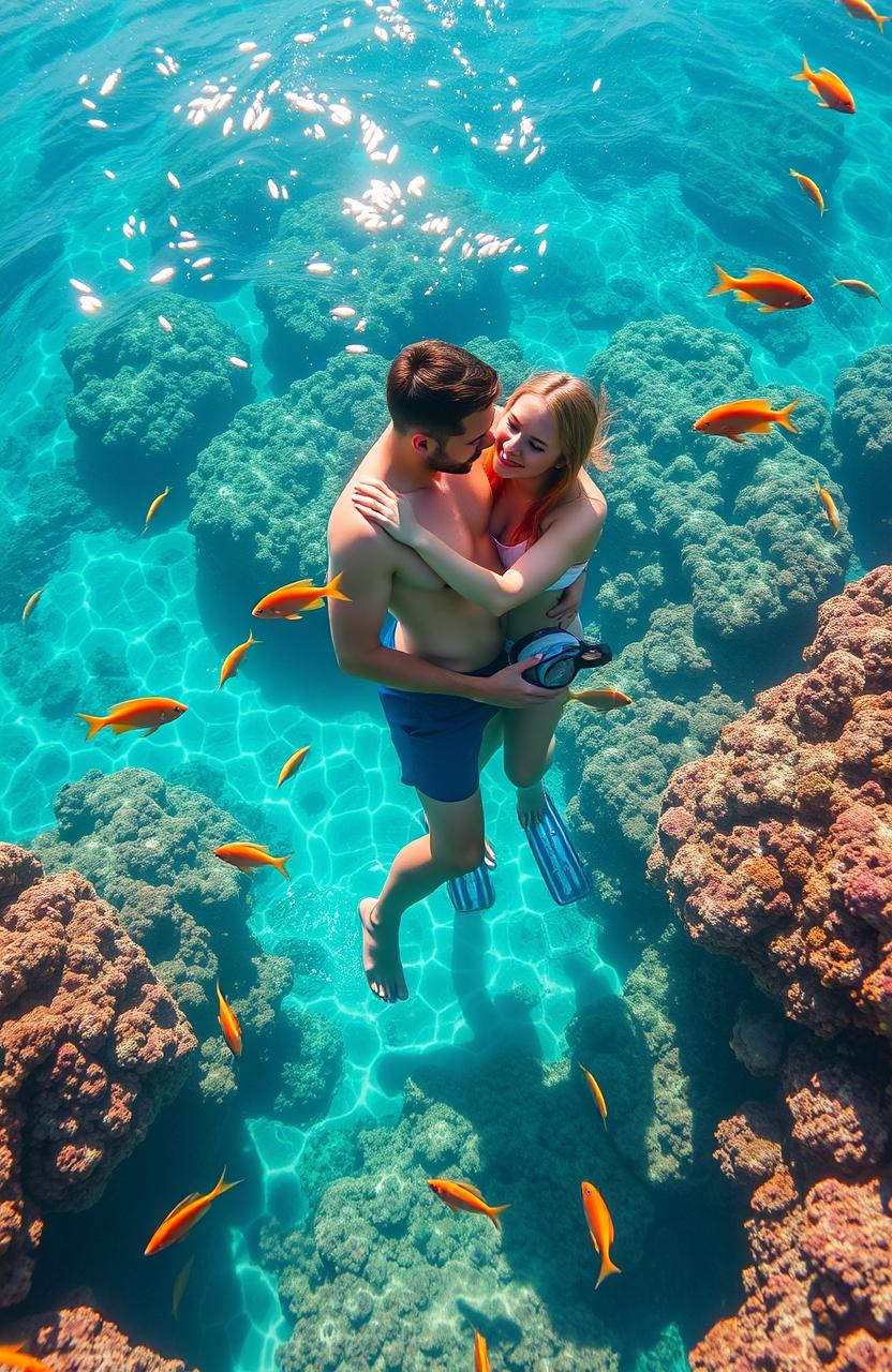 A romantic couple embracing on a vibrant coral reef, surrounded by colorful fish and marine life